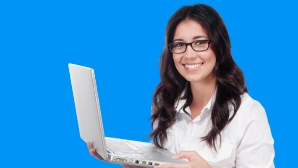 Medical Coder with Laptop in front of blue background