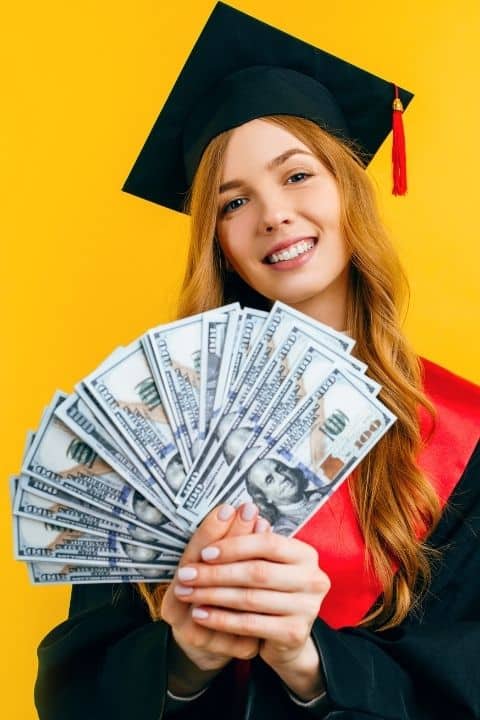 Medical Coding Scholarship Graphic with Girl in graduation gown holding money