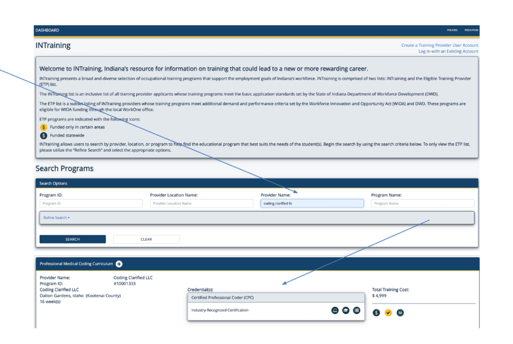 Screenshot of Indiana Workforce website.