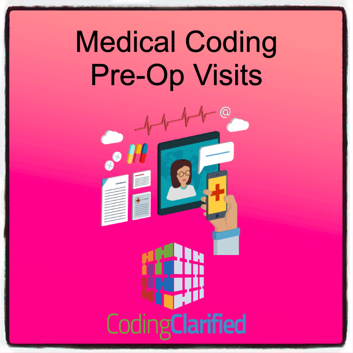 A graphic titled Medical Coding Pre-Op Visits with a stylized image of a medical zoom call, texts, and other messaging