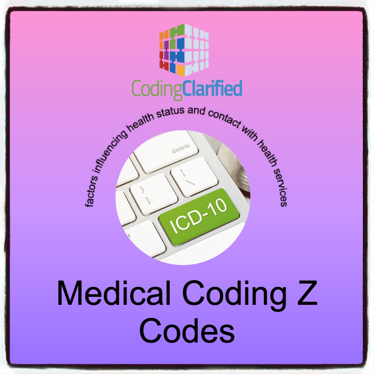 A graphic titled Medical Coing Z Codes with a round image of a keyboard with ICD-10 as one of the keys.