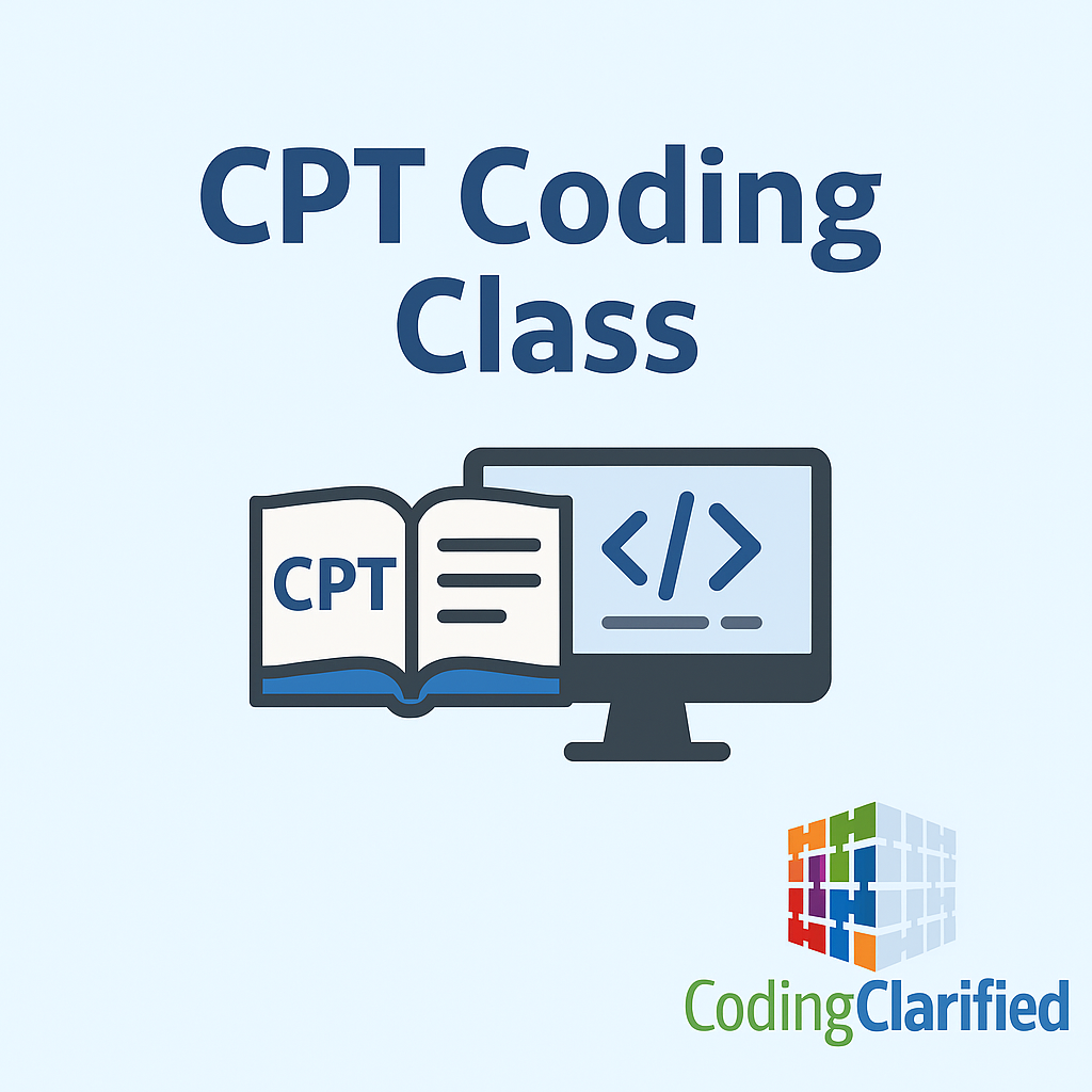 Graphic titled CPT Coding Class with on a little monitor and an open book with CPT on a page