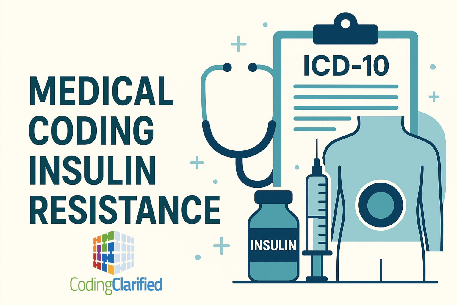 Image titled Medical Coding Insulin Resistance with graphics of a stethoscope, bottle of insulin and syringe, cllpboard that says ICD-10, and torso of a body