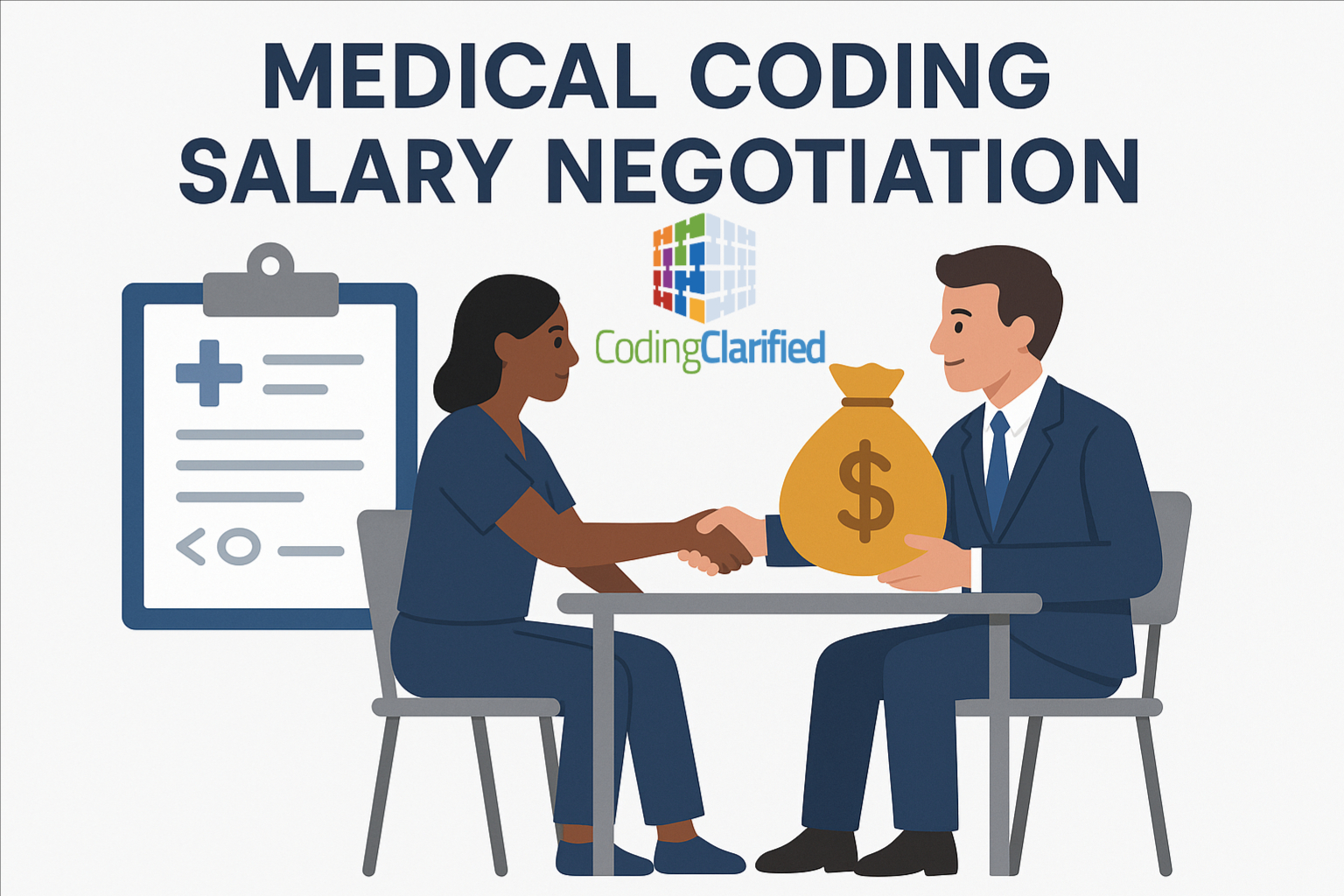 Graphic titled Medical Coding Salary Negotiation with an image of a clipboard off to the left of a man and woman sitting at a desk, shaking hands, as the man hols a bag with a dollar sign on it.