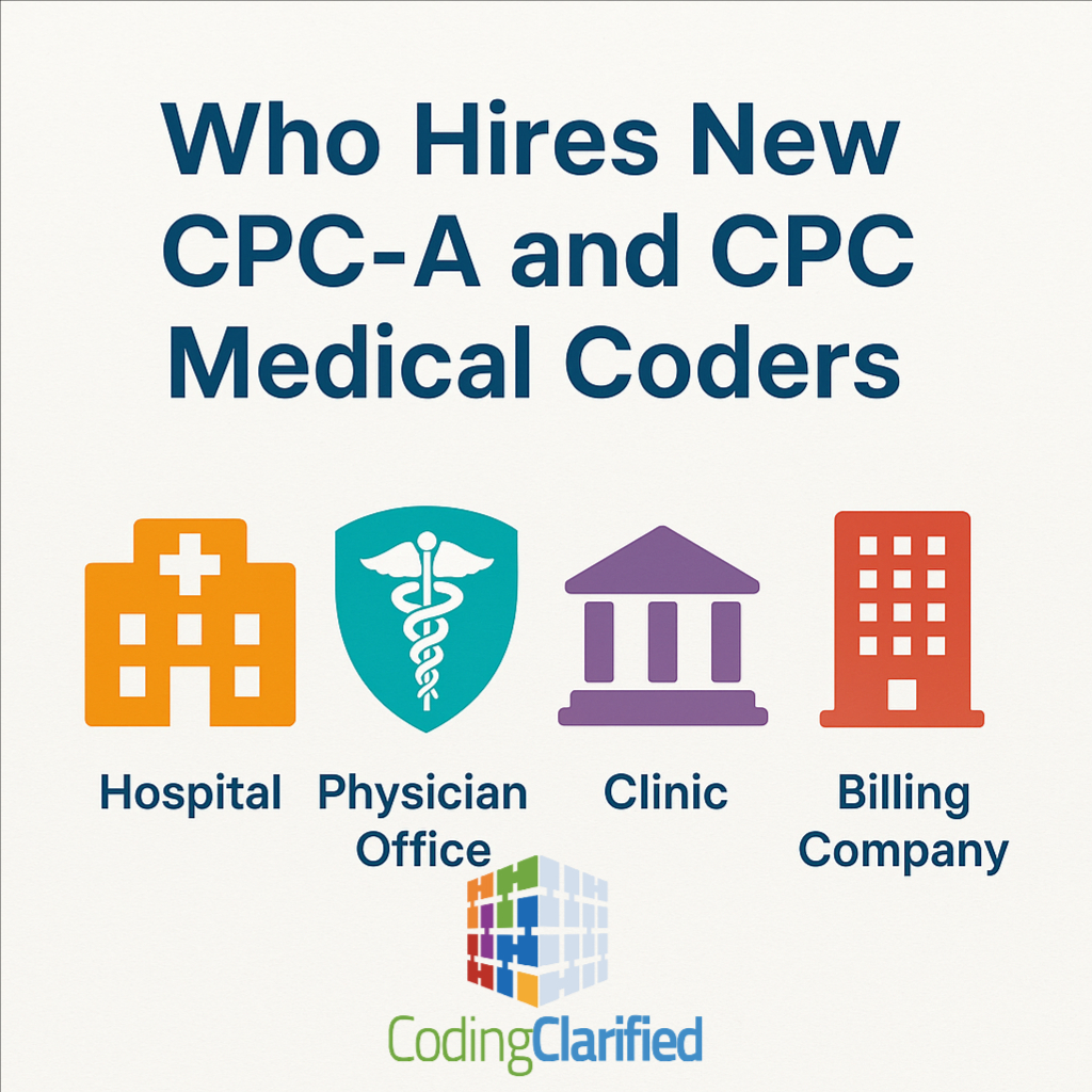 A graphic titled Who Hires New CPC-A and CPC Medical Coders with icons for hospitals, physician office, clinic, and billing company.