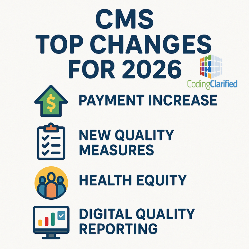 A graphic titled CMS Top Changes For 2026 with Payment Increase, New Quality Measures, Health Equity, and Digital Quality Reporting icons.