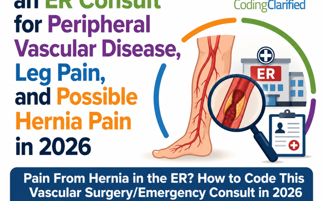 Medical Coding an ER Consult for Peripheral Vascular Disease, Leg Pain, and Possible Hernia Pain in 2026