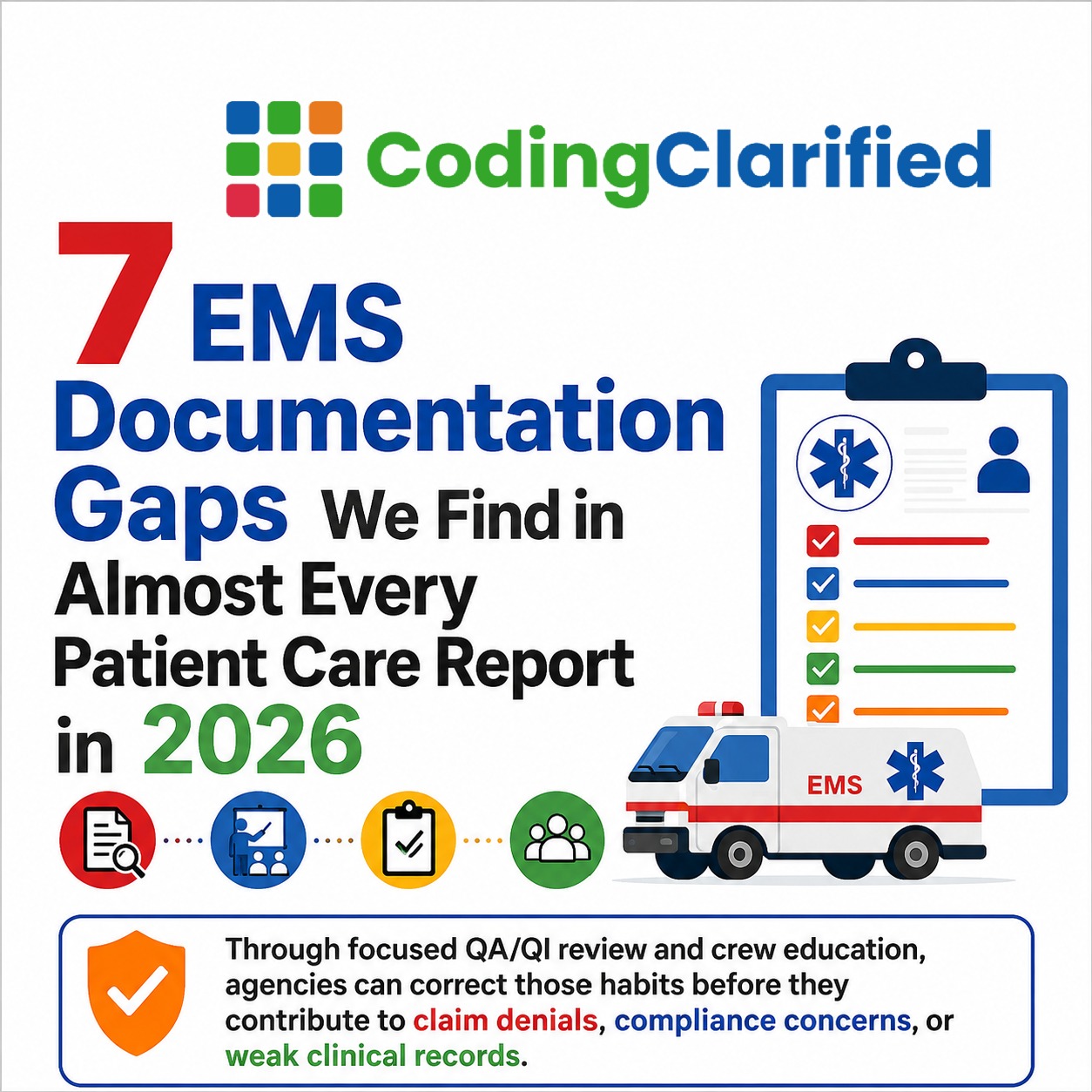 Featured image for Coding Clarified's article on 7 common EMS documentation gaps found in patient care reports