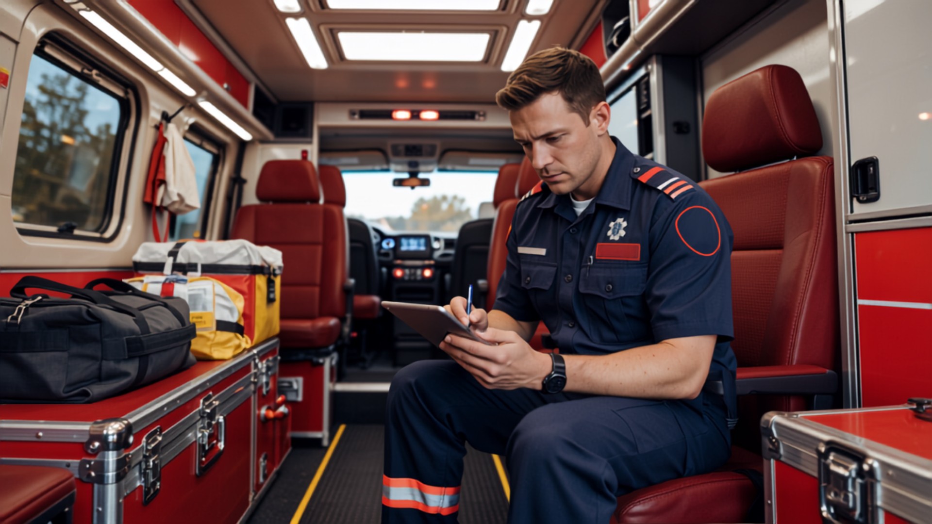 EMS documentation Paramedic documenting a patient care report in the back of an ambulance