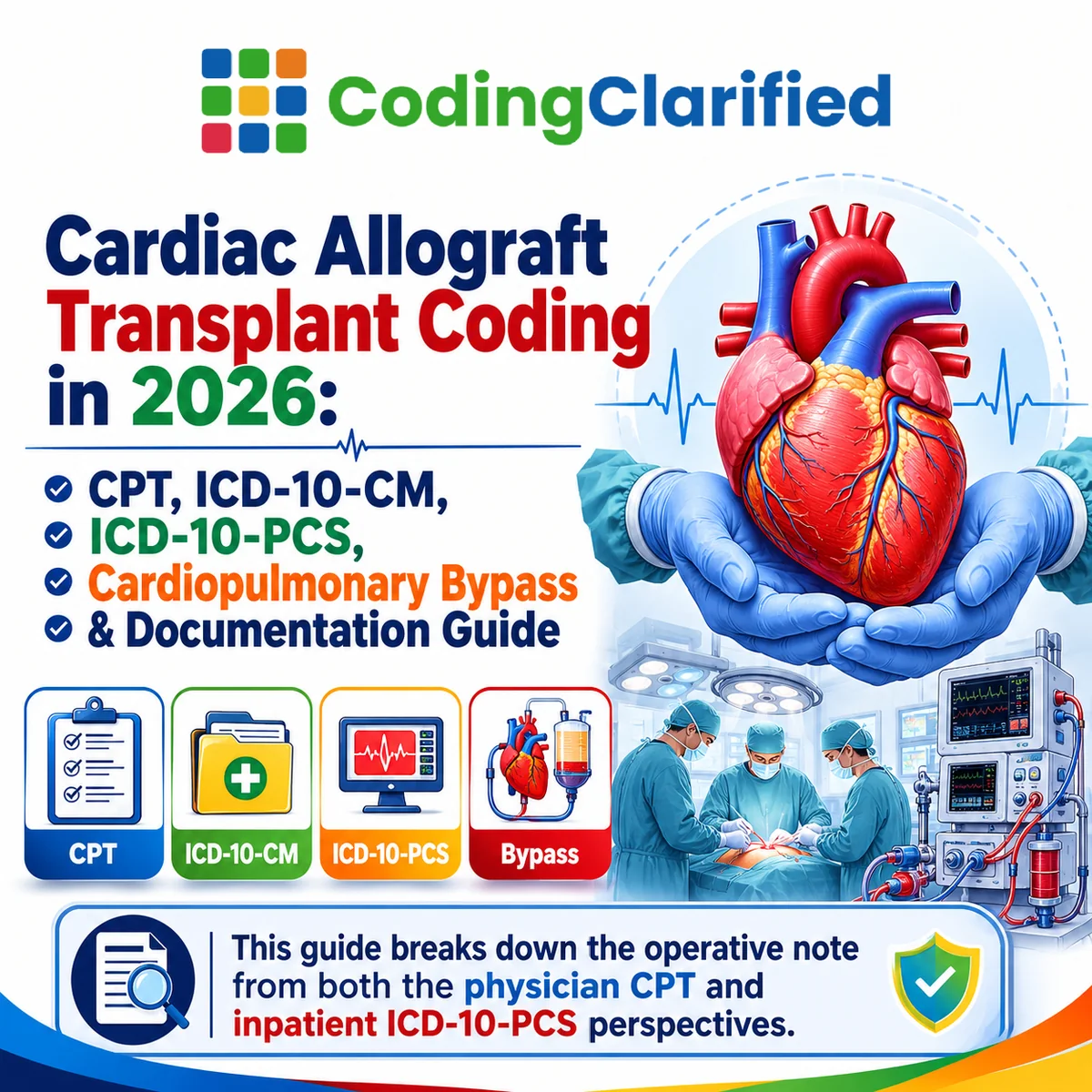 Cardiac Allograft Transplant Coding in 2026: CPT, ICD-10-CM, ICD-10-PCS, Cardiopulmonary Bypass & Documentation Guide | Coding Clarified