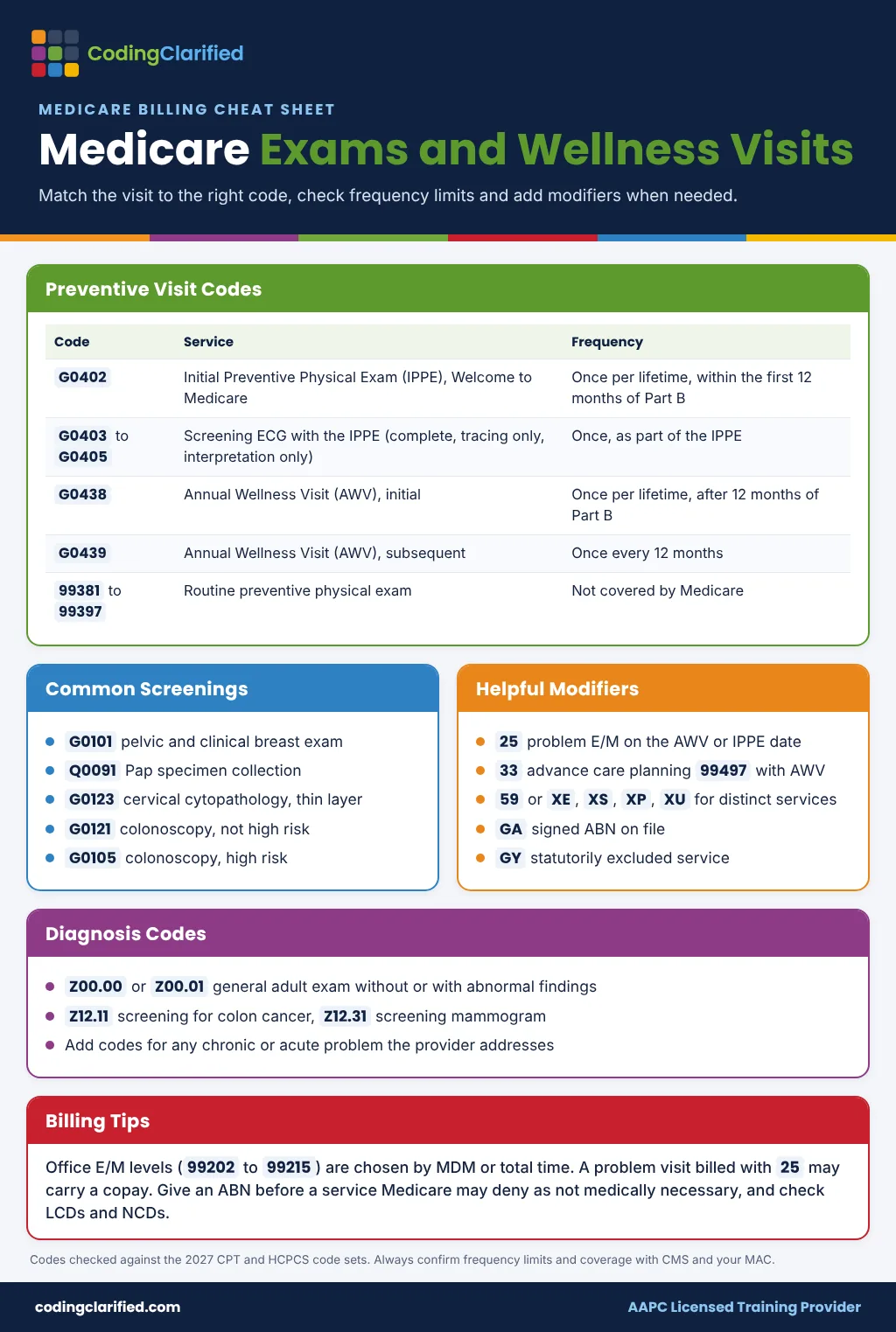 Medicare exam coding cheat sheet with IPPE G0402, AWV G0438 and G0439, screening codes, modifiers 25 and 33 and Z codes