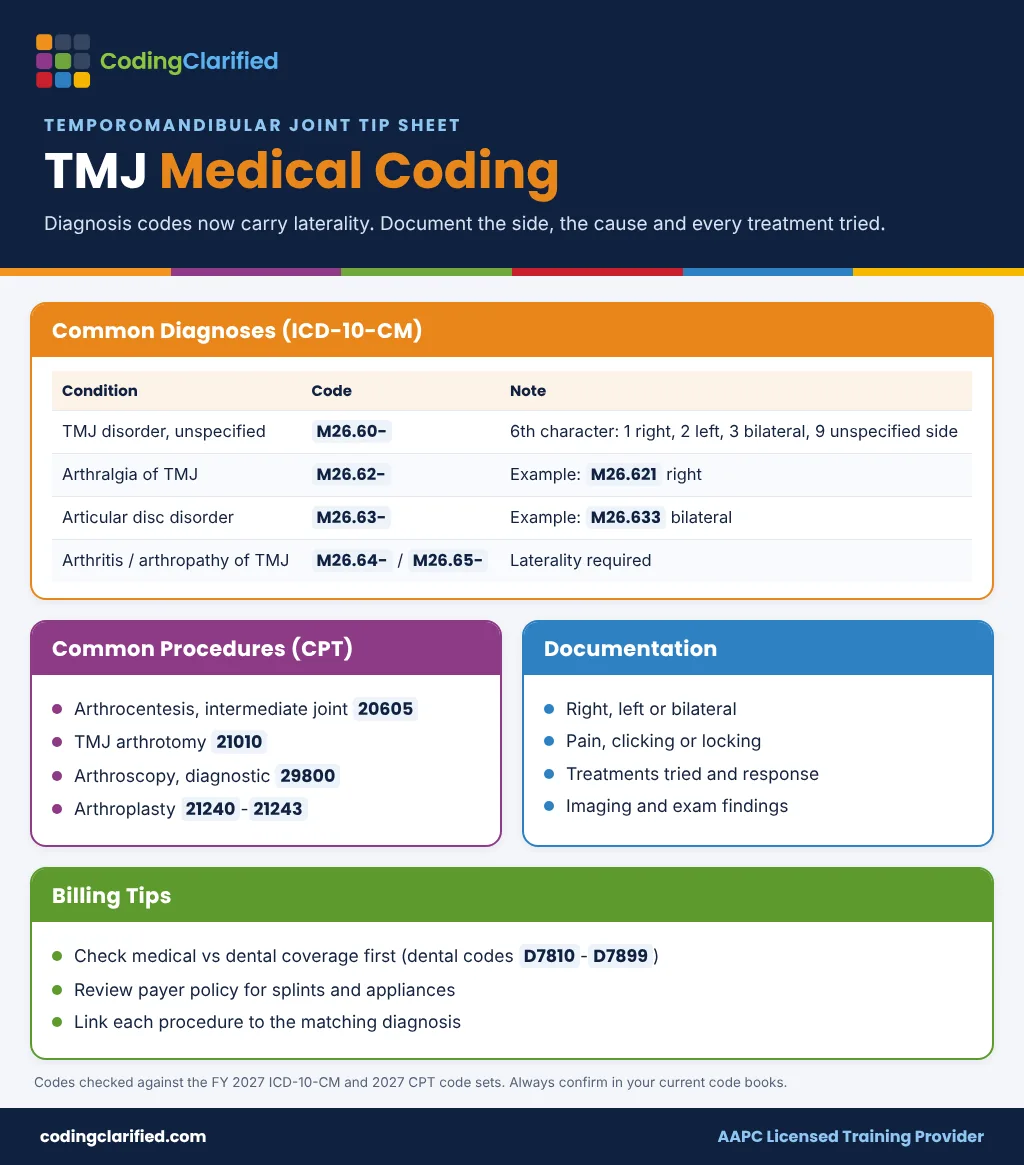 TMJ medical coding cheat sheet with ICD-10-CM M26.6 codes by laterality, CPT procedure codes and billing tips